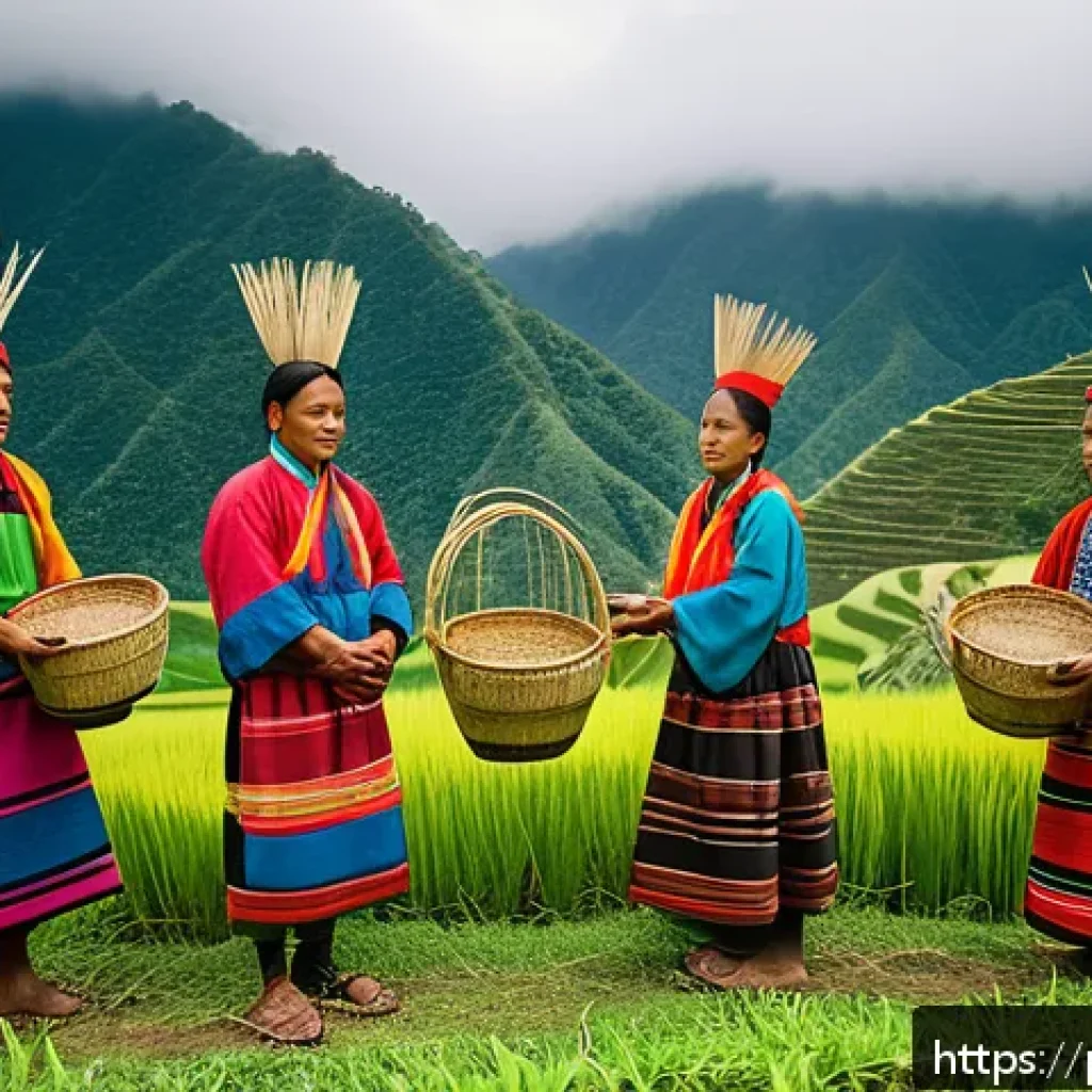 필리핀 원주민 부족 이야기 - A vibrant scene depicting an Igorot indigenous community during a traditional planting ceremony in t...