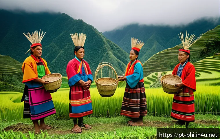 필리핀 원주민 부족 이야기 - A vibrant scene depicting an Igorot indigenous community during a traditional planting ceremony in t...