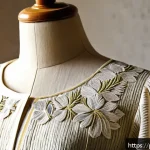 Home 18 필리핀에서 필수로 사야 할 기념품 - A detailed close-up of a traditional Filipino piña fabric blouse displayed on a mannequin in a softl...