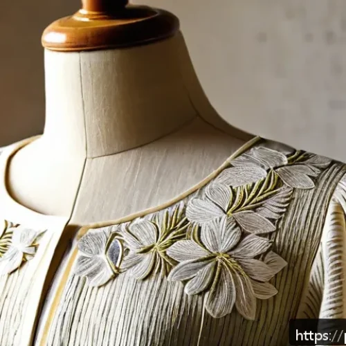 Home 30 필리핀에서 필수로 사야 할 기념품 - A detailed close-up of a traditional Filipino piña fabric blouse displayed on a mannequin in a softl...