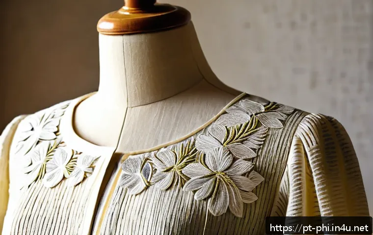 필리핀에서 필수로 사야 할 기념품 - A detailed close-up of a traditional Filipino pi&ntilde;a fabric blouse displayed on a mannequin in a softl...