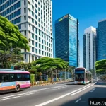 Home 23 필리핀 부동산 투자 가이드 - A vibrant urban scene of Manila’s financial district during daytime, featuring modern high-rise resi...
