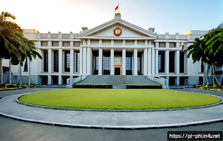 필리핀 정치 구조 이해 - Photorealistic wide-angle view of a modern Philippine national government building in Manila at sunr...