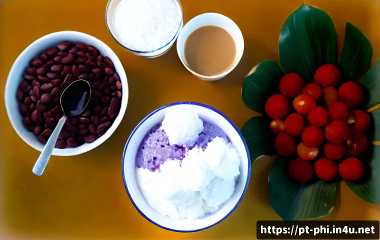 할로할로 디저트 만드는 법 - Photorealistic overhead food-preparation scene for making halo-halo, arranged on a bright Brazilian ...